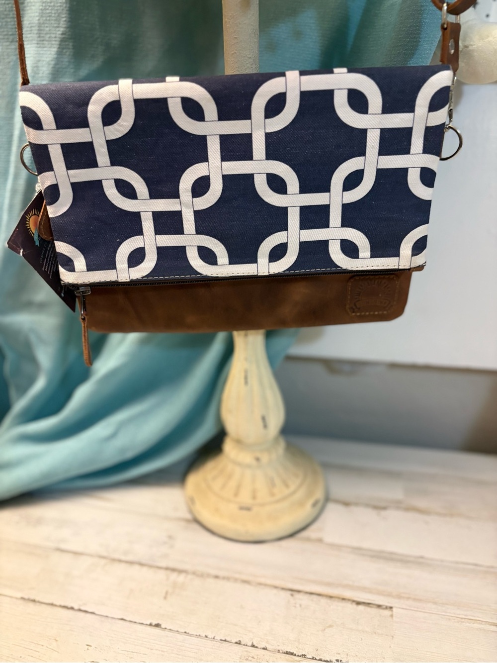 Navy & Brown Geometric Fold-Over Crossbody Bag - Women's Shoulder Bag